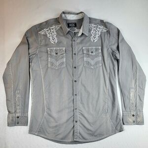 Buckle Black Label Gray SHIRT Mens L Button Up Embroidered L/S Athletic Stretch